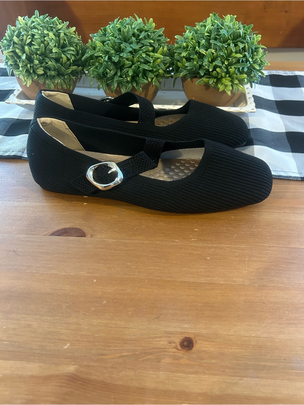Black Knit Mary Jane Flats Square
Toe Silver Buckle Ballet Shoes 11